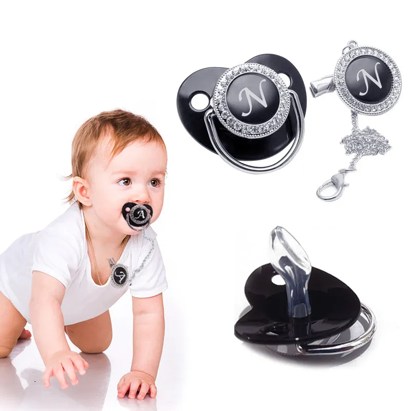 New Name Initials Baby Pacifier and Clip Luxury Black Gold Bling Alphabet Letter Infant Pacifier Gold Letter Unique Baby Shower Gift