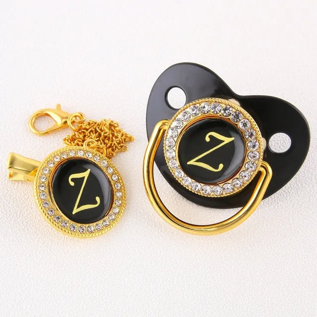 New Name Initials Baby Pacifier and Clip Luxury Black Gold Bling Alphabet Letter Infant Pacifier Gold Letter Unique Baby Shower Gift