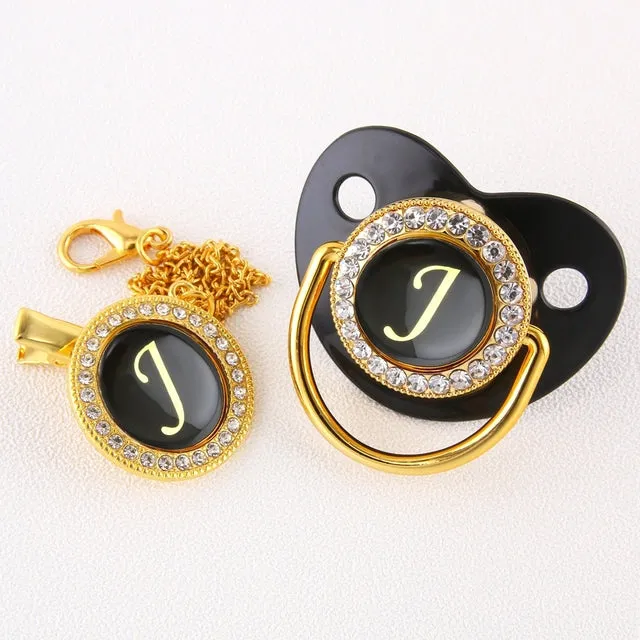 New Name Initials Baby Pacifier and Clip Luxury Black Gold Bling Alphabet Letter Infant Pacifier Gold Letter Unique Baby Shower Gift