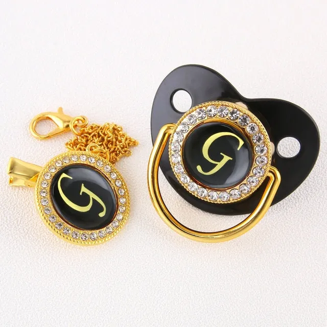 New Name Initials Baby Pacifier and Clip Luxury Black Gold Bling Alphabet Letter Infant Pacifier Gold Letter Unique Baby Shower Gift