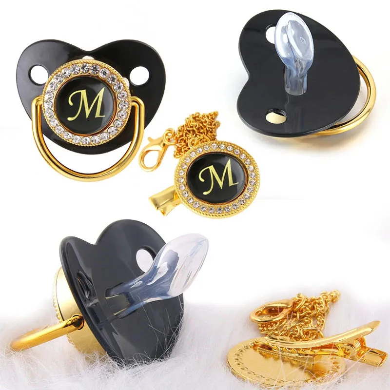 New Name Initials Baby Pacifier and Clip Luxury Black Gold Bling Alphabet Letter Infant Pacifier Gold Letter Unique Baby Shower Gift