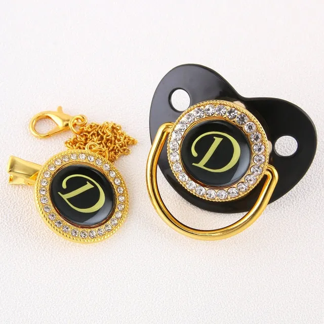 New Name Initials Baby Pacifier and Clip Luxury Black Gold Bling Alphabet Letter Infant Pacifier Gold Letter Unique Baby Shower Gift