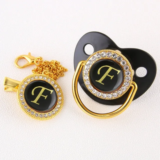 New Name Initials Baby Pacifier and Clip Luxury Black Gold Bling Alphabet Letter Infant Pacifier Gold Letter Unique Baby Shower Gift