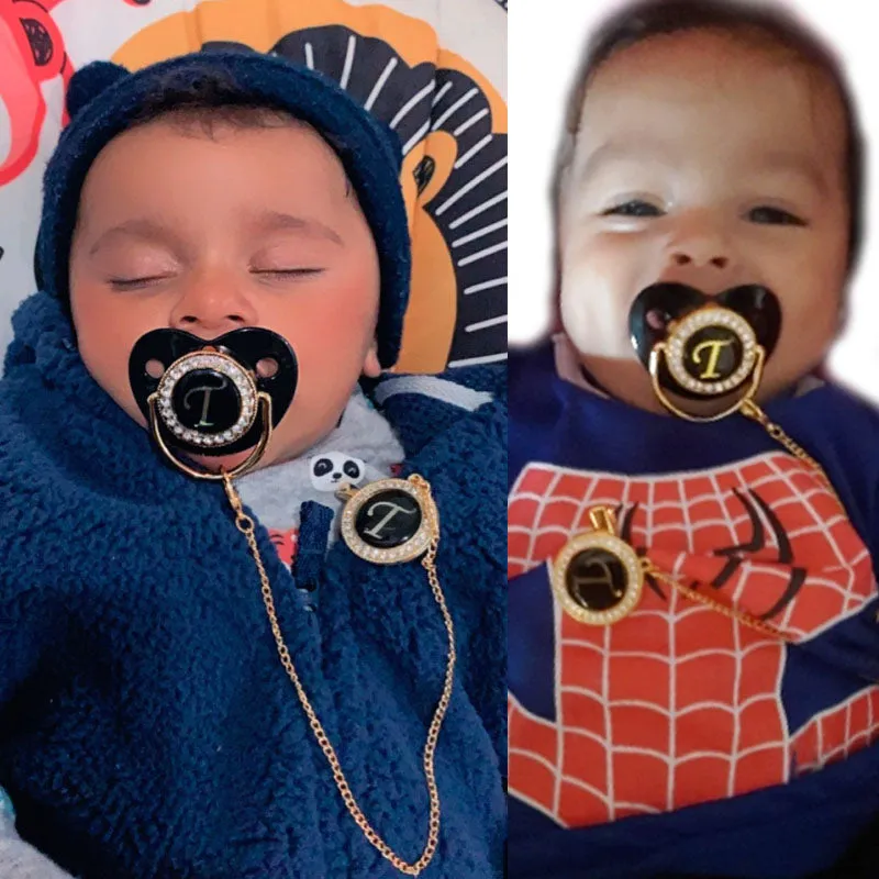 New Name Initials Baby Pacifier and Clip Luxury Black Gold Bling Alphabet Letter Infant Pacifier Gold Letter Unique Baby Shower Gift
