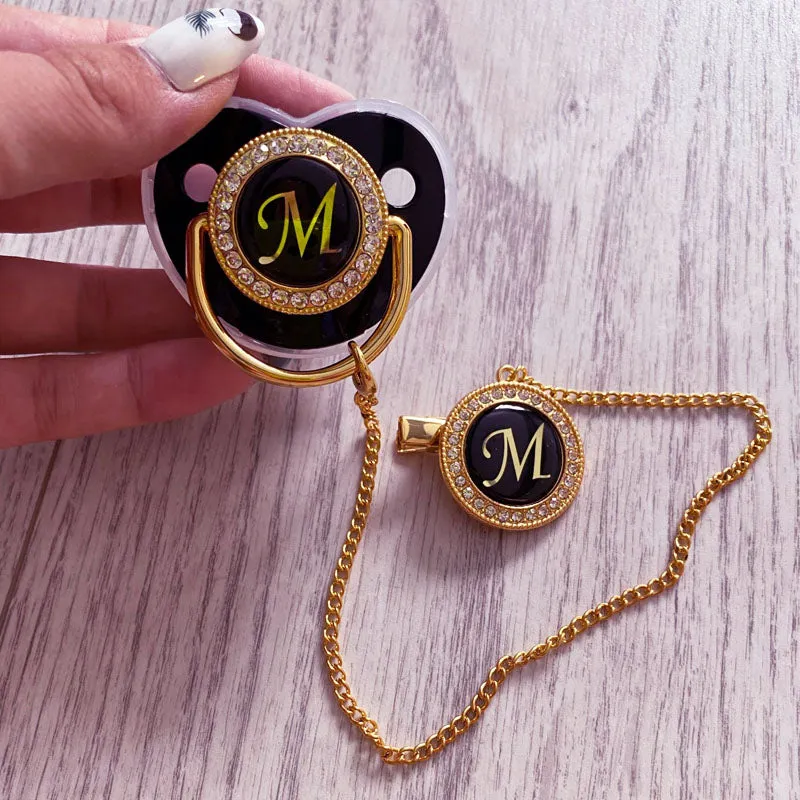 New Name Initials Baby Pacifier and Clip Luxury Black Gold Bling Alphabet Letter Infant Pacifier Gold Letter Unique Baby Shower Gift
