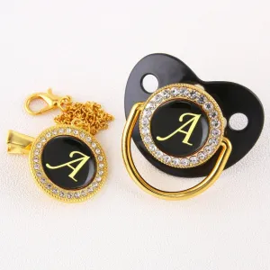 New Name Initials Baby Pacifier and Clip Luxury Black Gold Bling Alphabet Letter Infant Pacifier Gold Letter Unique Baby Shower Gift