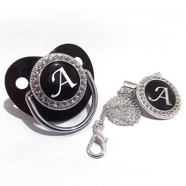 New Name Initials Baby Pacifier and Clip Luxury Black Gold Bling Alphabet Letter Infant Pacifier Gold Letter Unique Baby Shower Gift