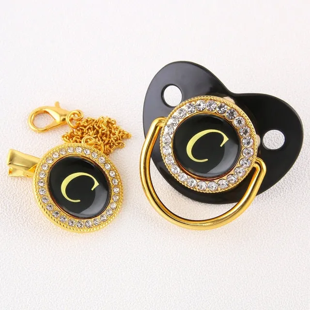 New Name Initials Baby Pacifier and Clip Luxury Black Gold Bling Alphabet Letter Infant Pacifier Gold Letter Unique Baby Shower Gift
