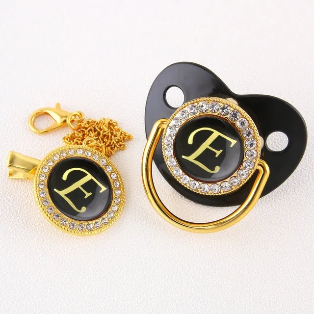 New Name Initials Baby Pacifier and Clip Luxury Black Gold Bling Alphabet Letter Infant Pacifier Gold Letter Unique Baby Shower Gift