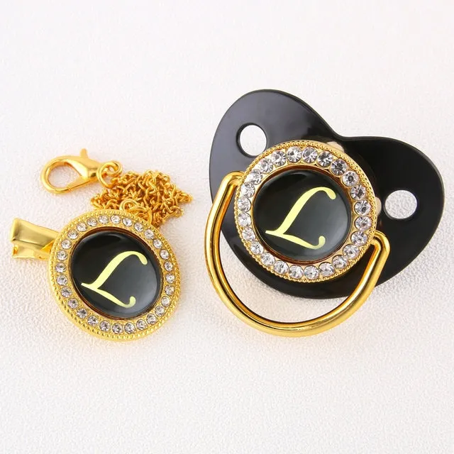 New Name Initials Baby Pacifier and Clip Luxury Black Gold Bling Alphabet Letter Infant Pacifier Gold Letter Unique Baby Shower Gift