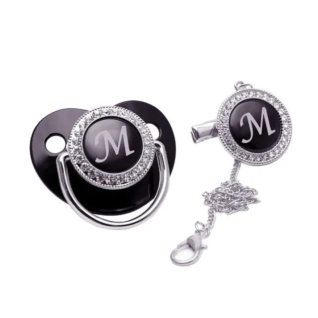 New Name Initials Baby Pacifier and Clip Luxury Black Gold Bling Alphabet Letter Infant Pacifier Gold Letter Unique Baby Shower Gift