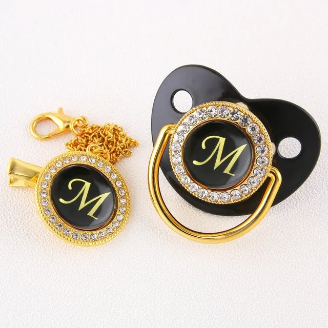 New Name Initials Baby Pacifier and Clip Luxury Black Gold Bling Alphabet Letter Infant Pacifier Gold Letter Unique Baby Shower Gift