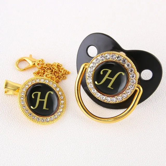 New Name Initials Baby Pacifier and Clip Luxury Black Gold Bling Alphabet Letter Infant Pacifier Gold Letter Unique Baby Shower Gift