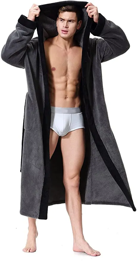 New OUFANG Men's Hooded Bathrobe in 2 Coloured Grey & Black Soft Spa Kimono Shawl Collar Hooded Long Robe Unisex, Men's Small, Women's Medium!