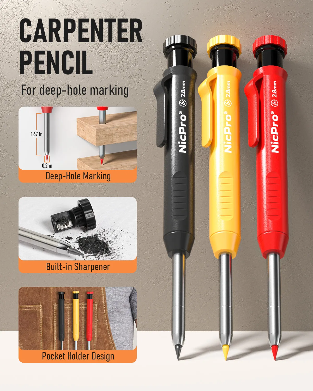 Nicpro 10PCS Mechanical Carpenter Pencil Set with Built-in Sharpener, Lead Refill, Engraving Pen, Center Punch, Lead Pointer, Deep Hole Marker Construction Pencil for Architect Woodworking