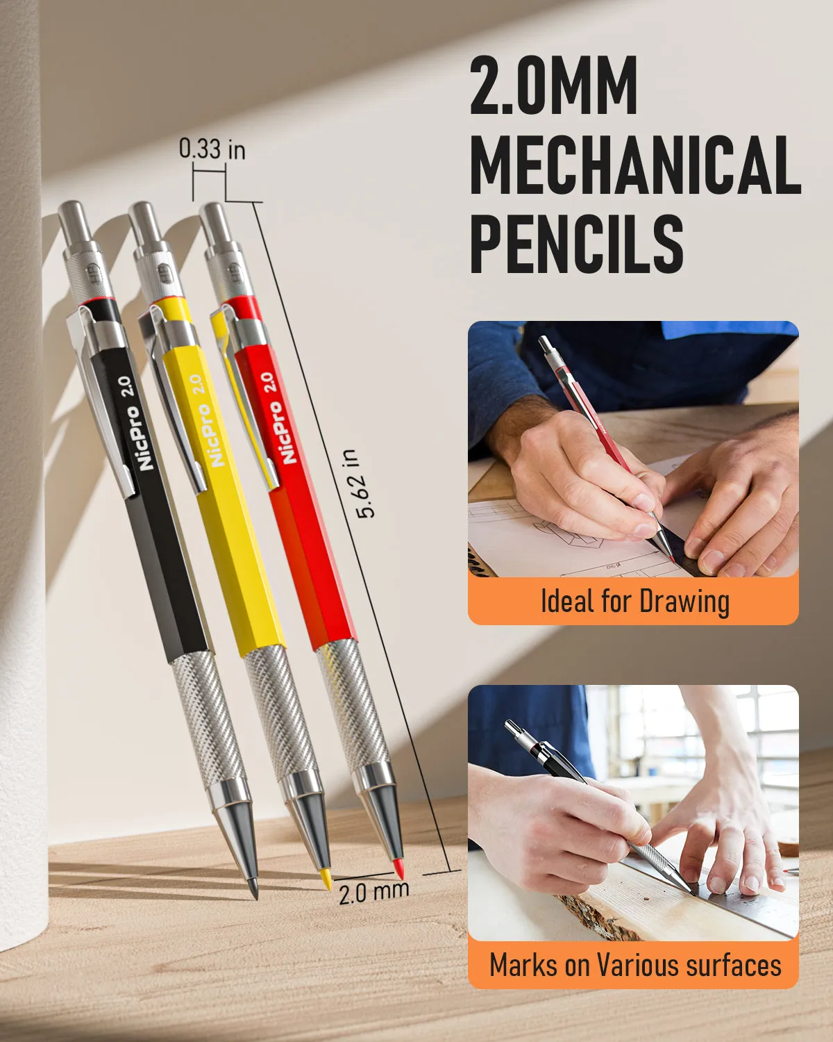 Nicpro 15 Pack Mechanical Carpenter Pencil Set with 42 Refills & Carbide Scribe Tool, Deep Hole Marker Construction Pencils Heavy Duty Woodworking Pencils Built-in Sharpener for Construction Architect