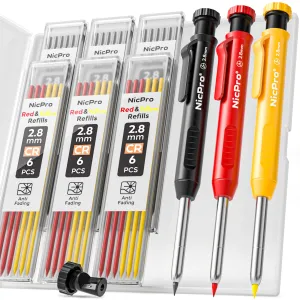 Nicpro 3 Pack Carpenter Pencil with Sharpener, Mechanical Carpenter Pencils with 36 Refills, Deep Hole Marker Construction Carpentry Pencils, Architect Pencil for Woodworking (Red, Black, Yellow)