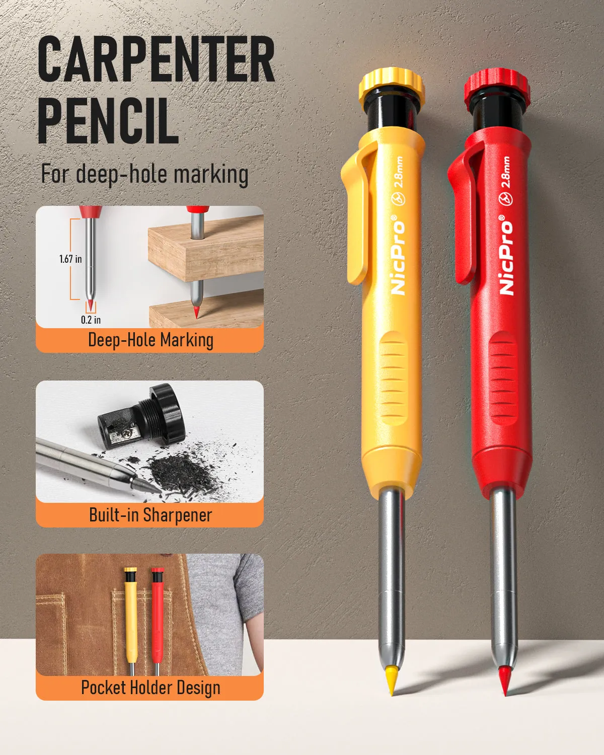 Nicpro 5 Pack Mechanical Carpenter Pencil Set with 76 Refills & Carbide Scribe Tool, Solid Deep Hole Carpenter Markers Woodworking Pencils with Built-in Sharpener for Construction Architect