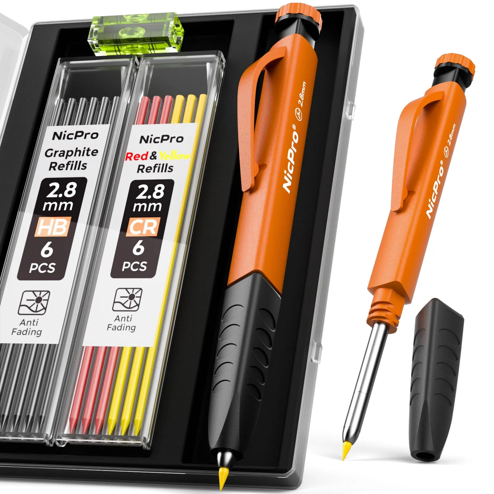Nicpro Carpenter's Pencil Set, 1 Solid Carpenter's Pencils with 12 Versatile Leads, Mechanical Pencil Marker, Deep Hole Marker Pencil with Built-in Sharpener for Woodworking, Construction Site with