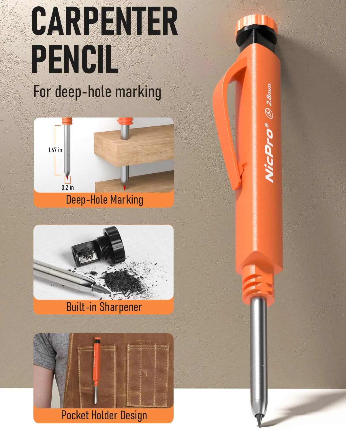 Nicpro Carpenter's Pencil Set, 1 Solid Carpenter's Pencils with 12 Versatile Leads, Mechanical Pencil Marker, Deep Hole Marker Pencil with Built-in Sharpener for Woodworking, Construction Site with
