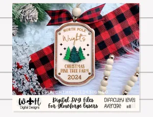 North Pole Christmas Pine Tree Farm Family Name Christmas Ornament - Personalizable Quick Cut File For Glowforge Lasers - Digital SVG File