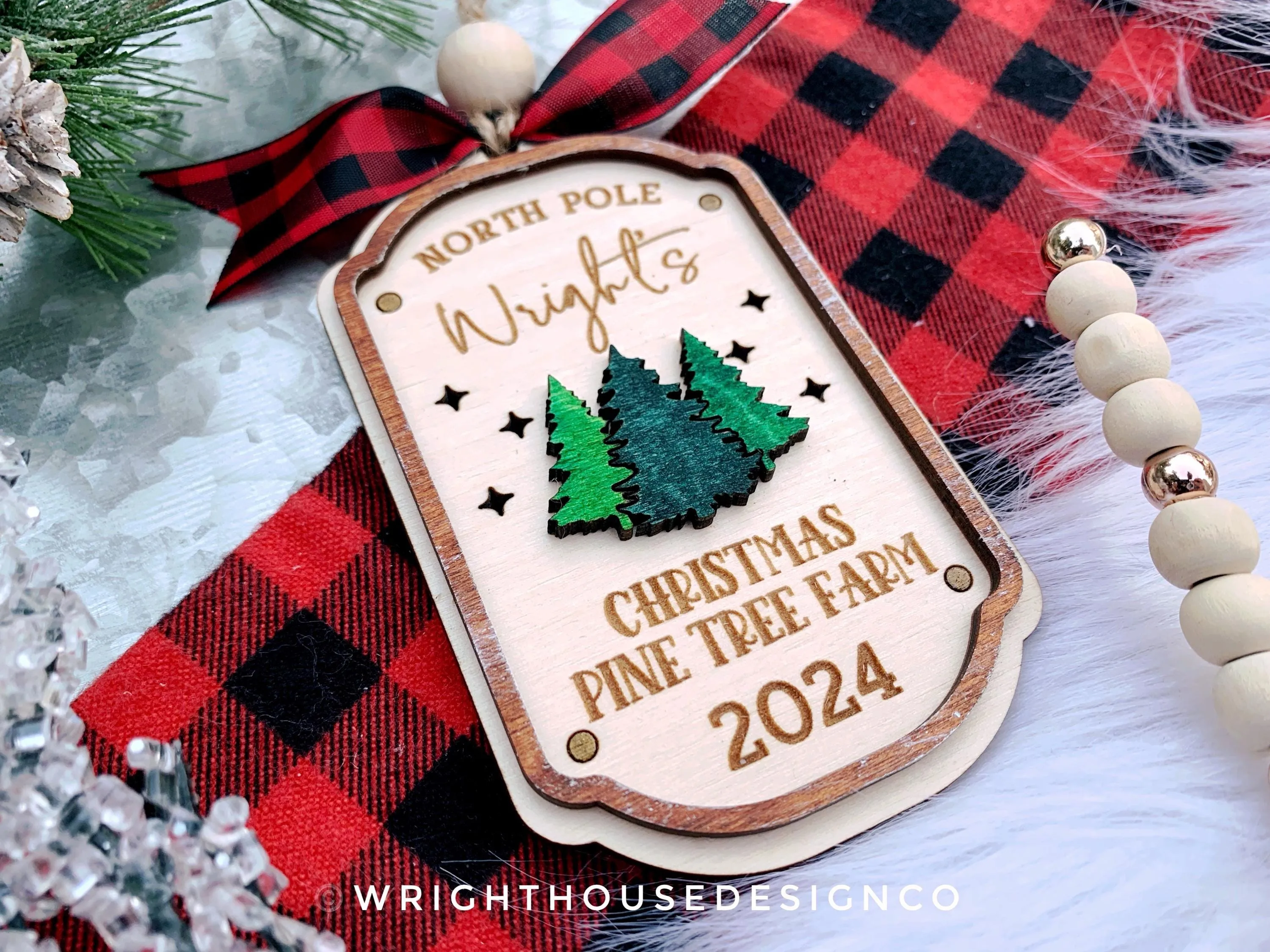 North Pole Christmas Pine Tree Farm Family Name Christmas Ornament - Personalizable Quick Cut File For Glowforge Lasers - Digital SVG File