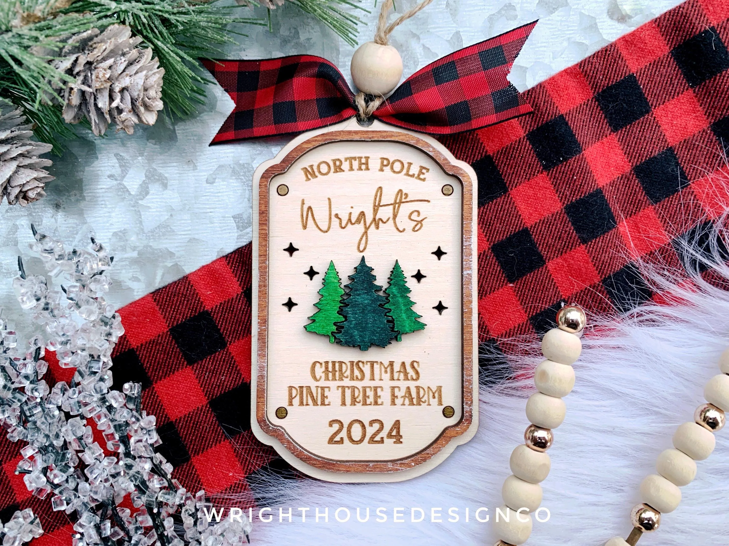 North Pole Christmas Pine Tree Farm Family Name Christmas Ornament - Personalizable Quick Cut File For Glowforge Lasers - Digital SVG File