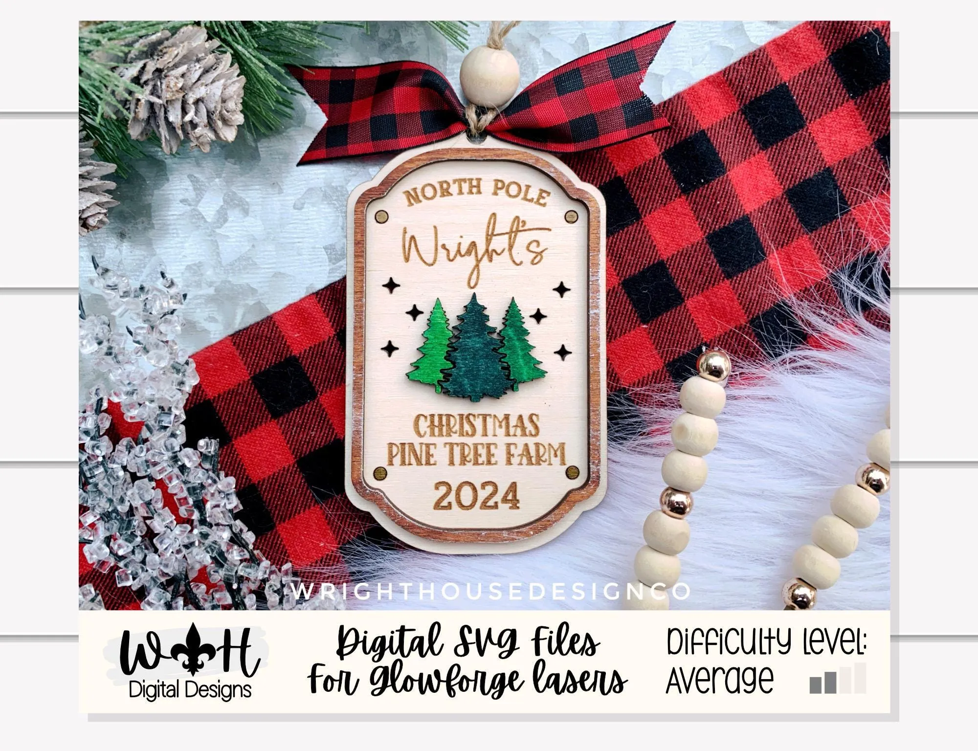 North Pole Christmas Pine Tree Farm Family Name Christmas Ornament - Personalizable Quick Cut File For Glowforge Lasers - Digital SVG File