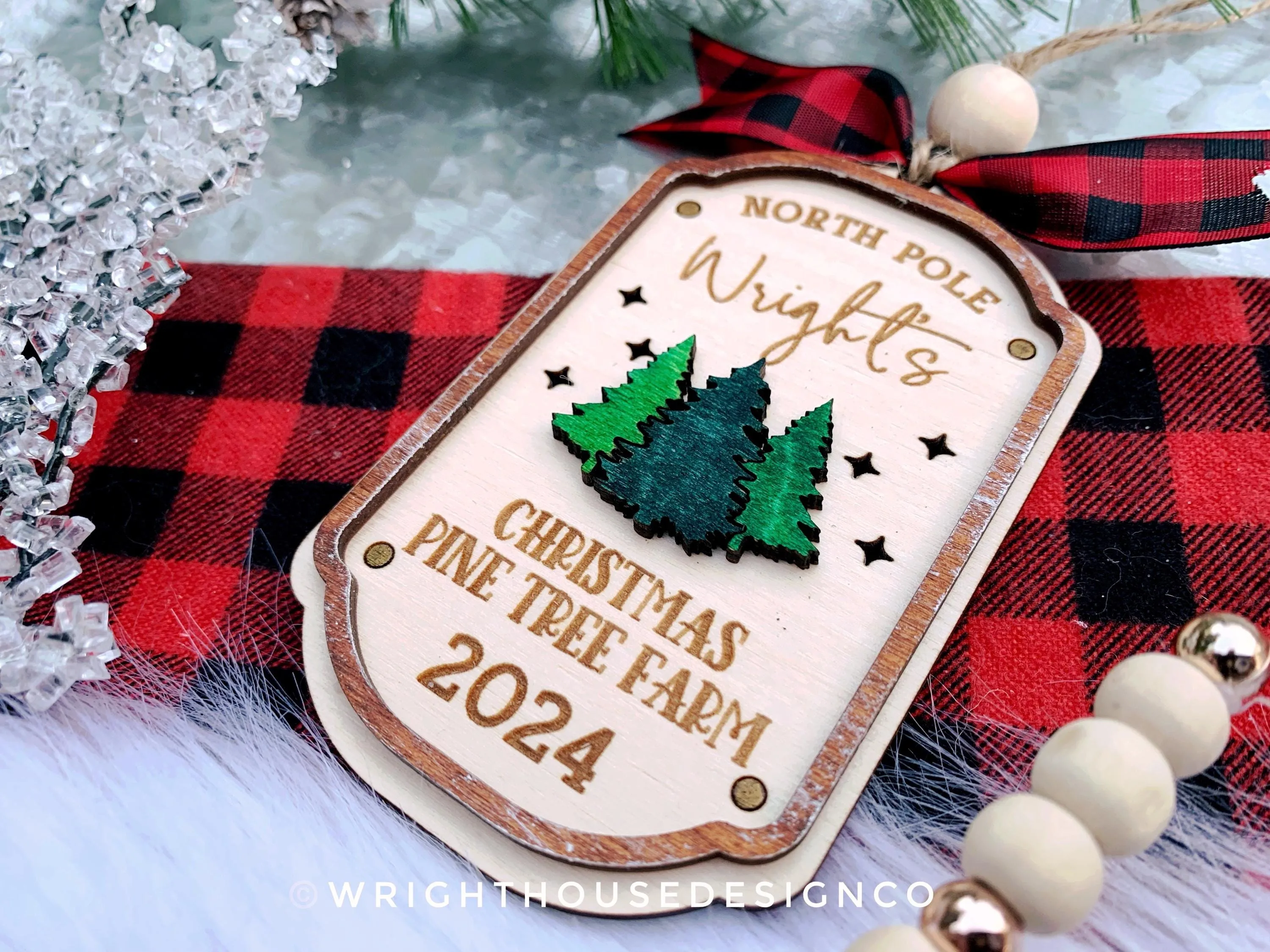 North Pole Christmas Pine Tree Farm Family Name Christmas Ornament - Personalizable Quick Cut File For Glowforge Lasers - Digital SVG File
