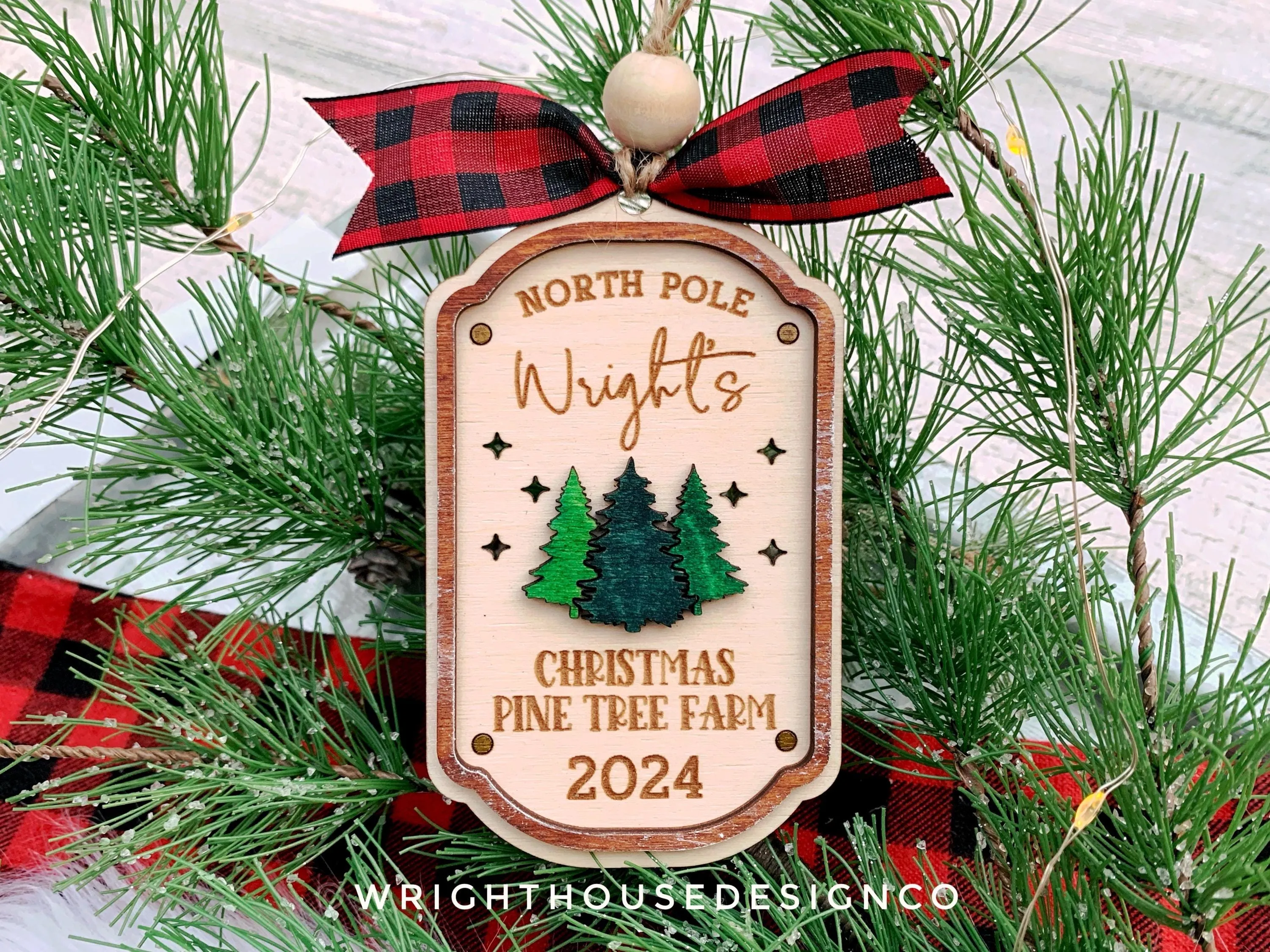 North Pole Christmas Pine Tree Farm Family Name Christmas Ornament - Personalizable Quick Cut File For Glowforge Lasers - Digital SVG File