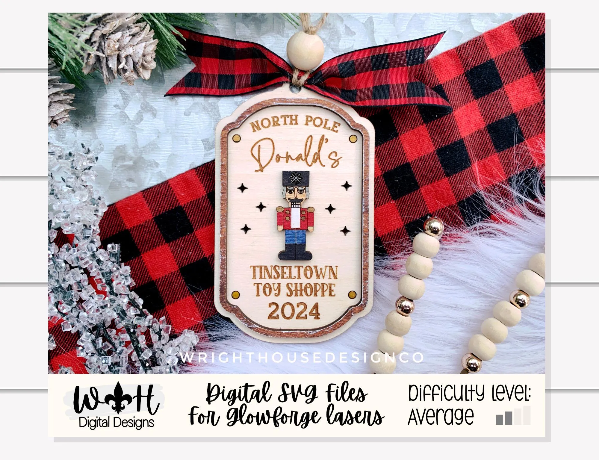 North Pole Tinsel Town Toy Shoppe Family Name Christmas Ornament - Personalizable Quick Cut File For Glowforge Lasers - Digital SVG File