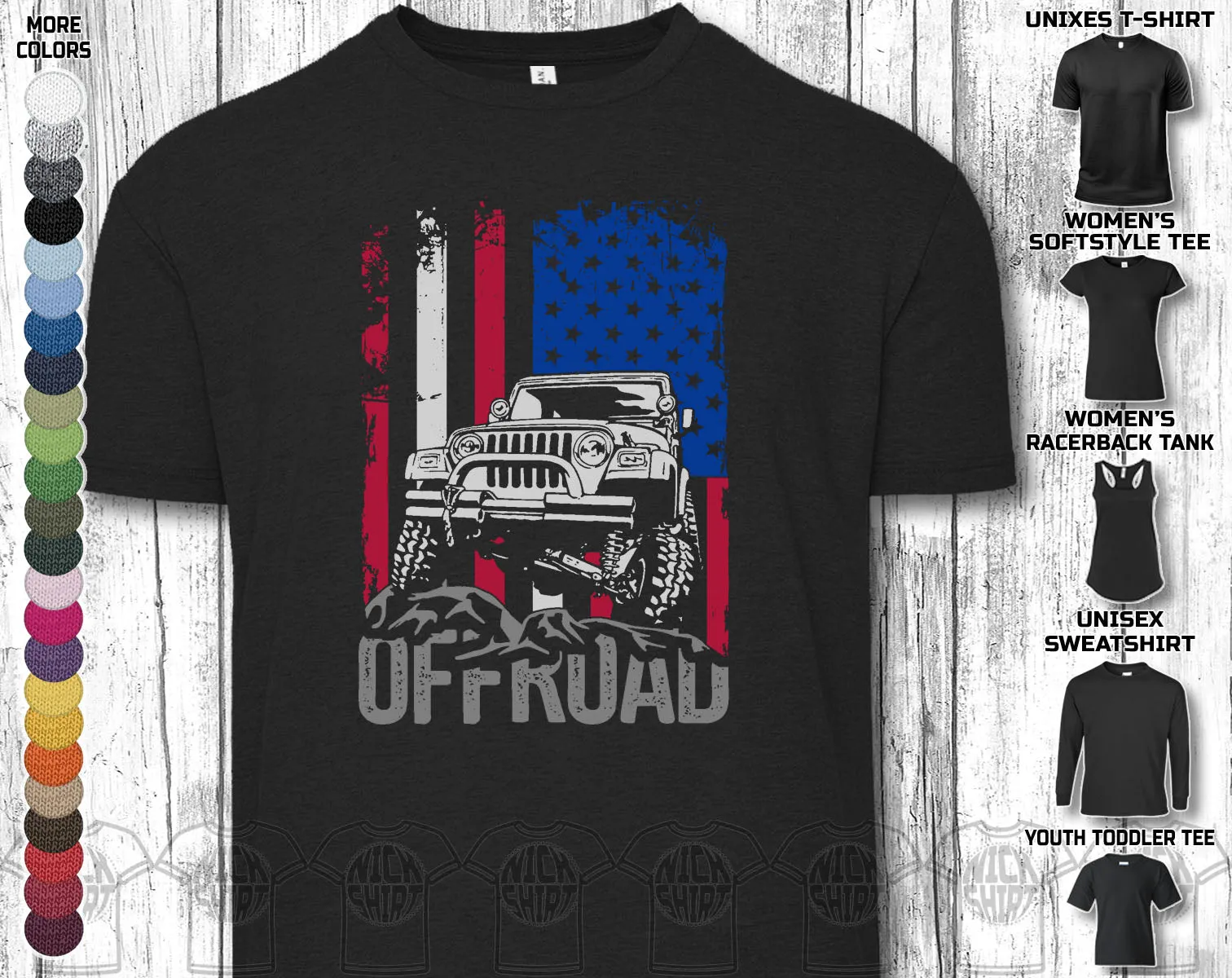 Off-Road Car 4x4 Vehicle Independence Day July 4th American Flag Mountains Adventure Explore Gift Unisex T-Shirt