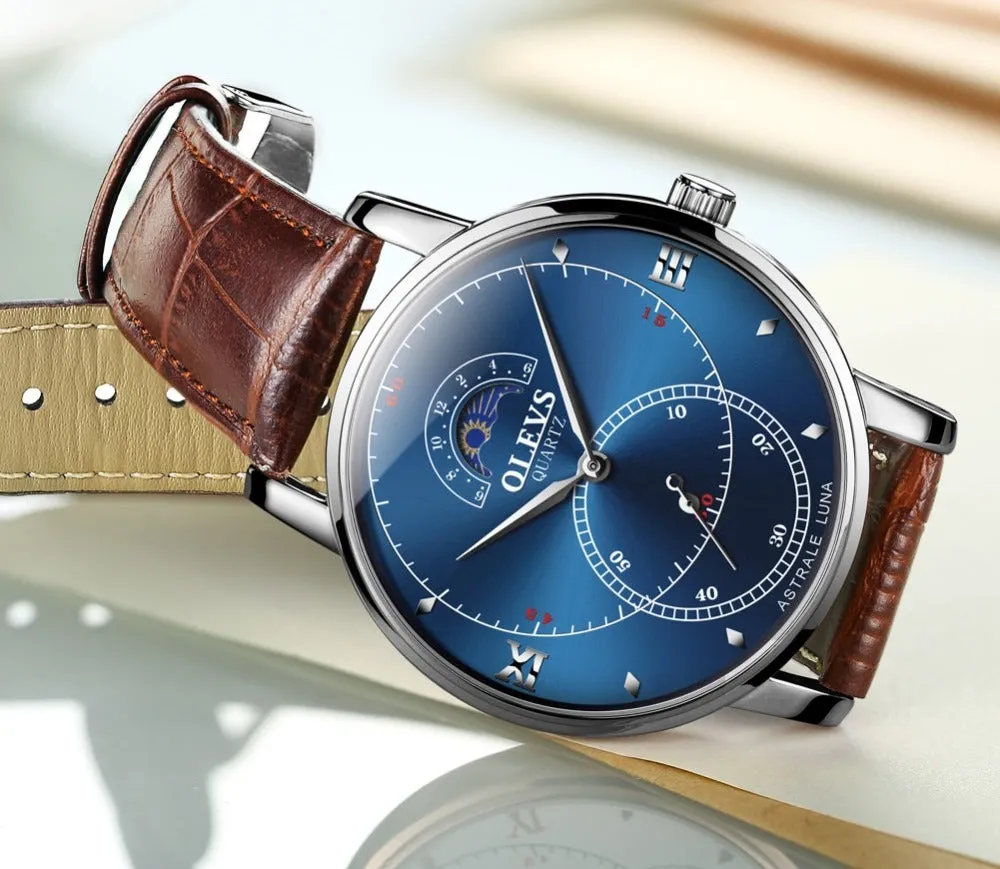 OLIVZ Multifunction Genuine Leather Men's Watch 