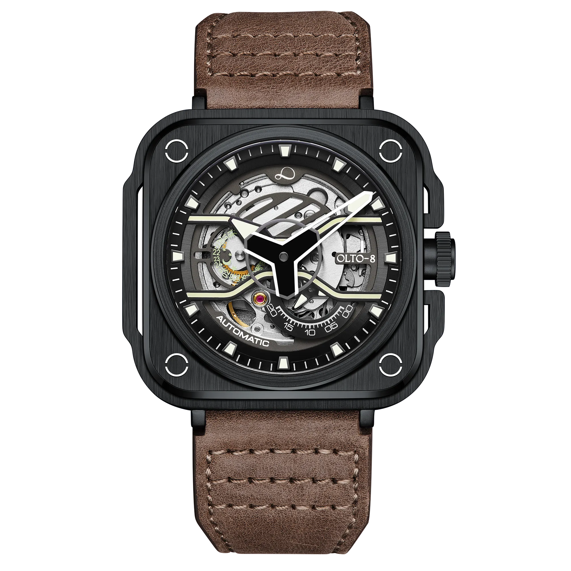 OLTO-8 IRON-EX Square Skeleton Automatic Watch Brown