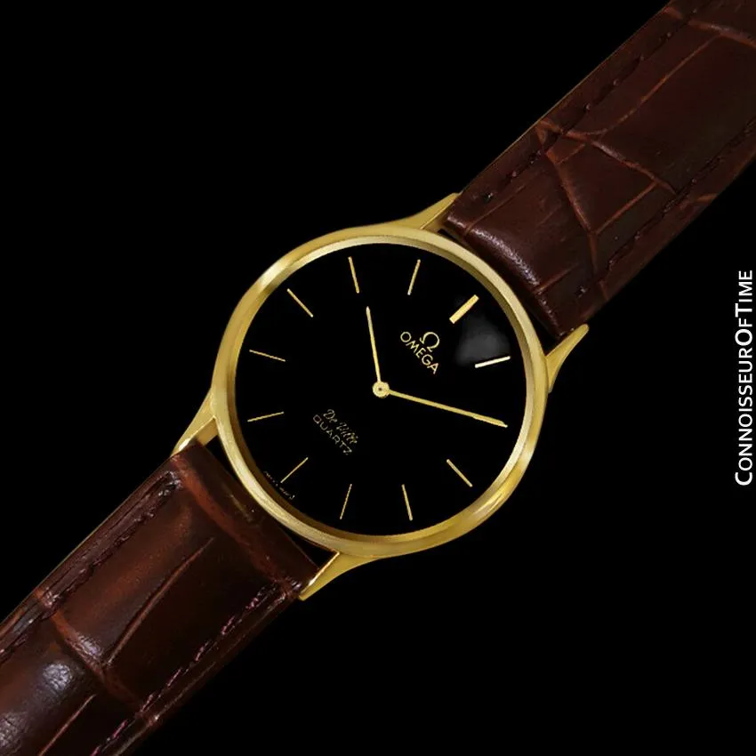 Omega De Ville Vintage Mens Midsize Thin Quartz Dress Watch with Black Dial - 18K Gold Plated