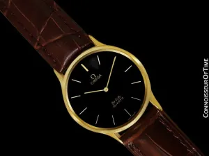 Omega De Ville Vintage Mens Midsize Thin Quartz Dress Watch with Black Dial - 18K Gold Plated