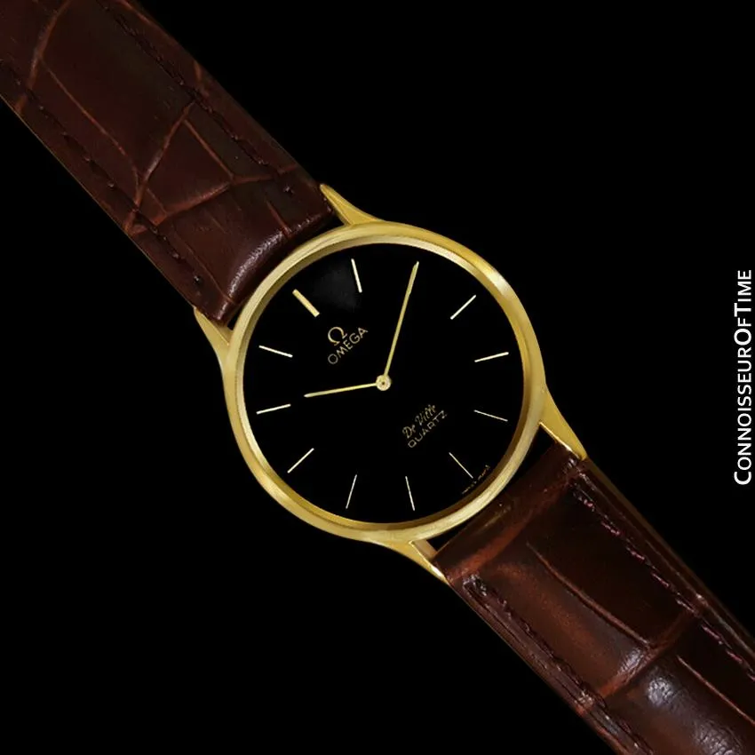 Omega De Ville Vintage Mens Midsize Thin Quartz Dress Watch with Black Dial - 18K Gold Plated