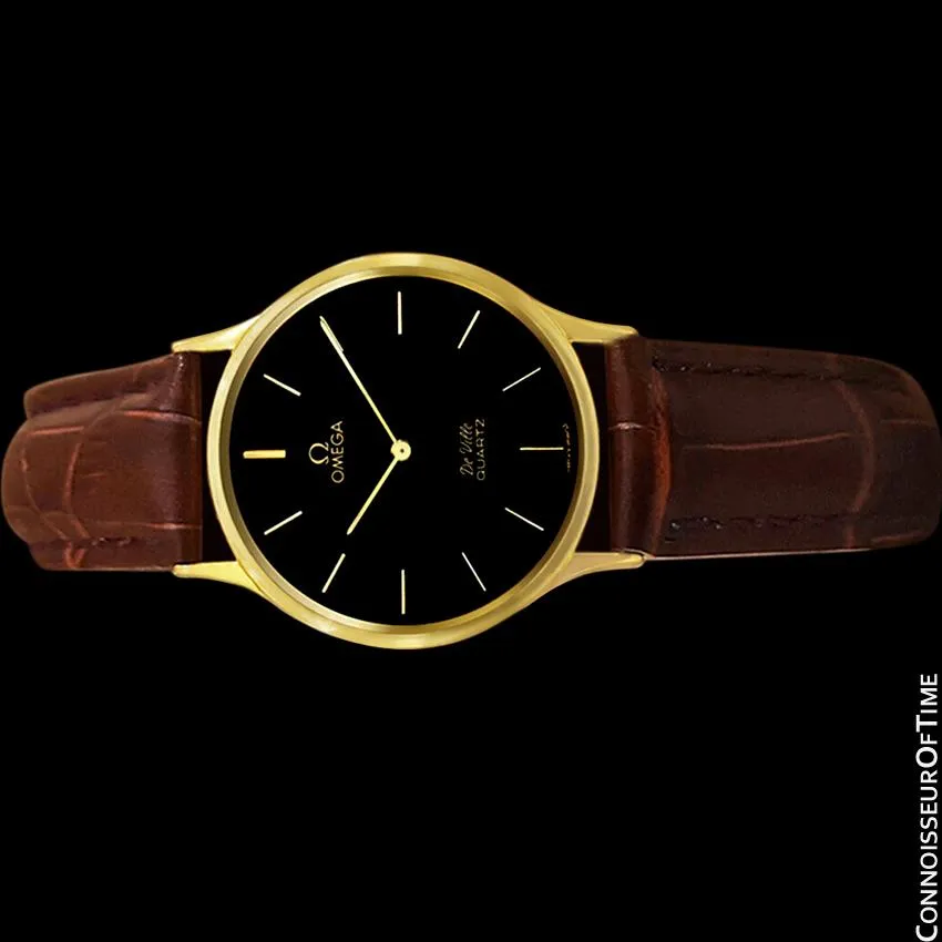 Omega De Ville Vintage Mens Midsize Thin Quartz Dress Watch with Black Dial - 18K Gold Plated