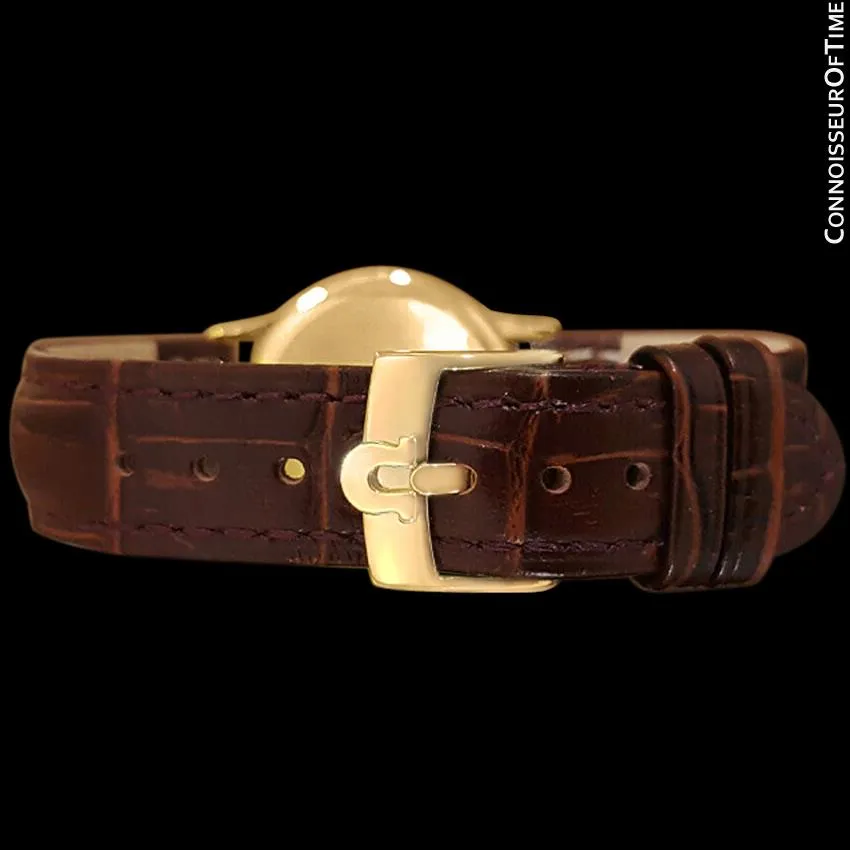 Omega De Ville Vintage Mens Midsize Thin Quartz Dress Watch with Black Dial - 18K Gold Plated