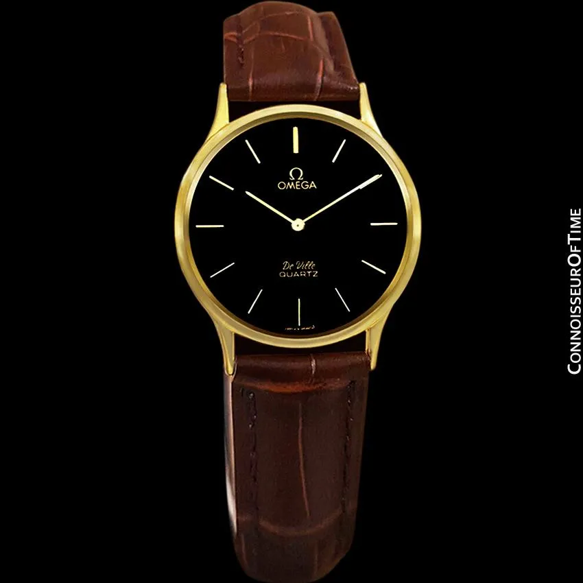 Omega De Ville Vintage Mens Midsize Thin Quartz Dress Watch with Black Dial - 18K Gold Plated