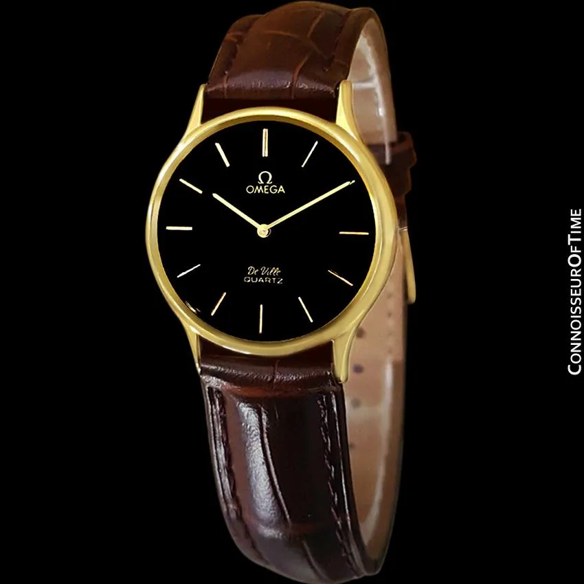 Omega De Ville Vintage Mens Midsize Thin Quartz Dress Watch with Black Dial - 18K Gold Plated