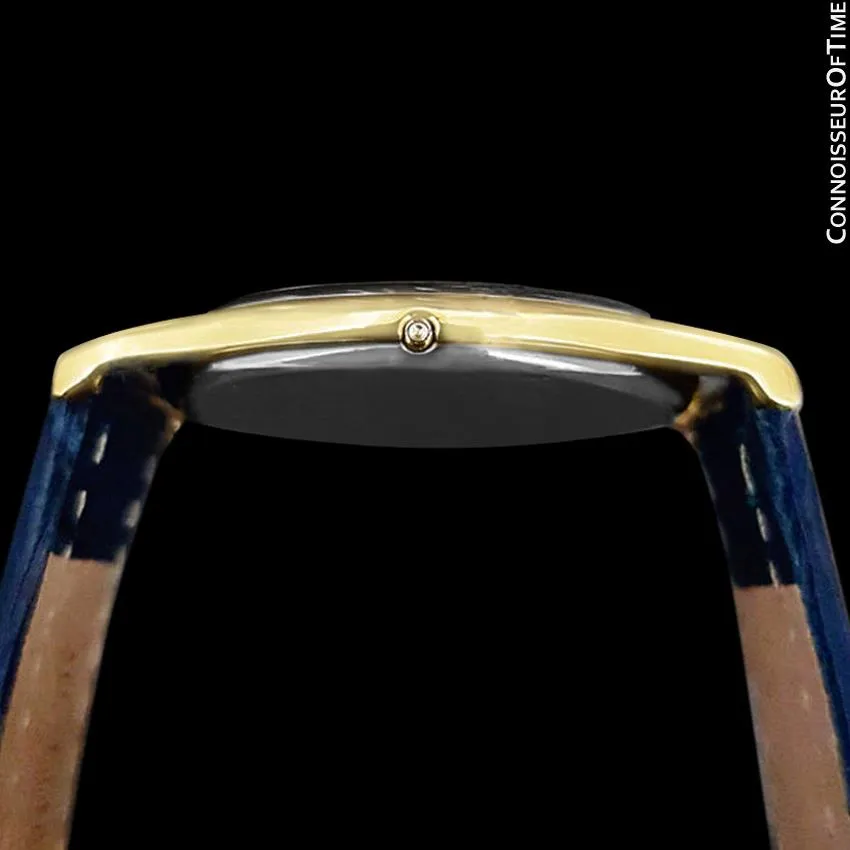 Omega De Ville Vintage Mens Midsize Thin Quartz Dress Watch with Blue Dial - 18K Gold Plated