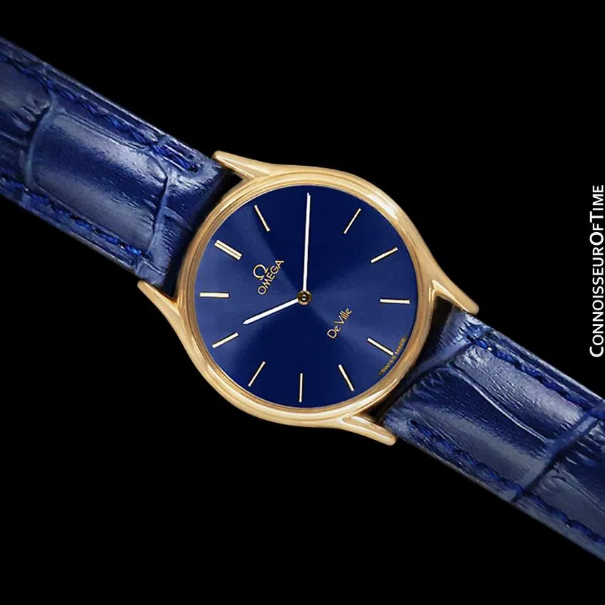 Omega De Ville Vintage Mens Midsize Thin Quartz Dress Watch with Blue Dial - 18K Gold Plated