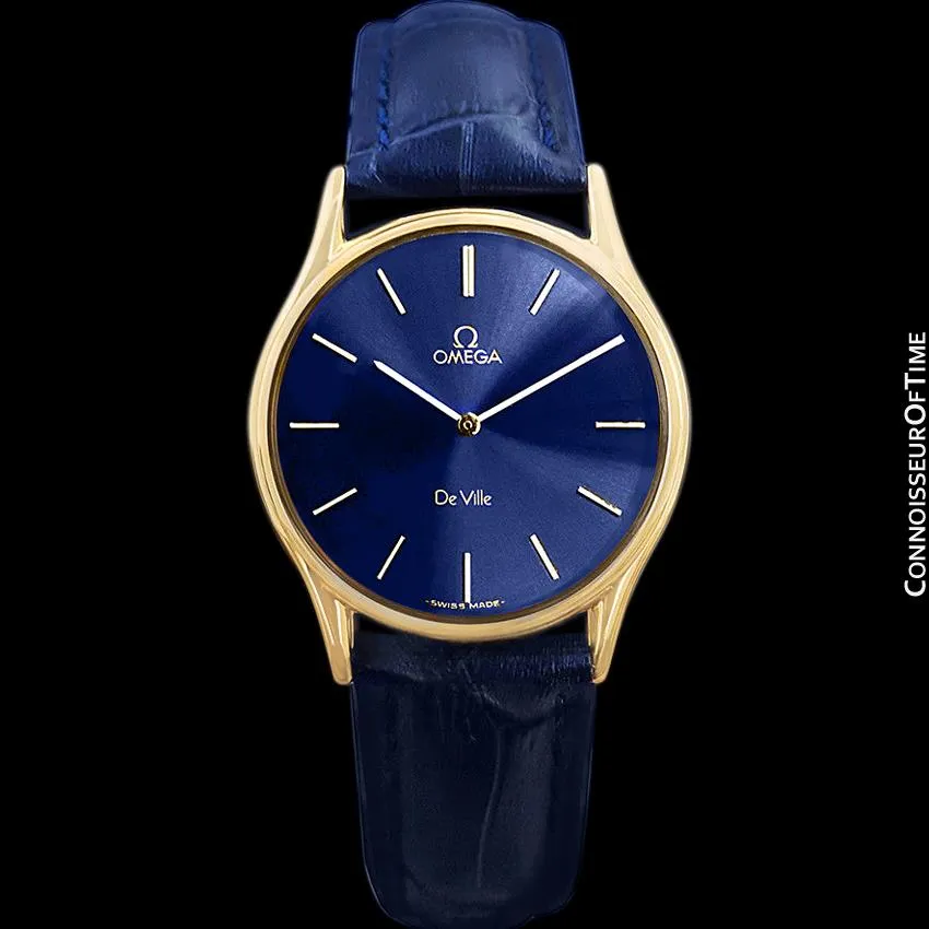 Omega De Ville Vintage Mens Midsize Thin Quartz Dress Watch with Blue Dial - 18K Gold Plated