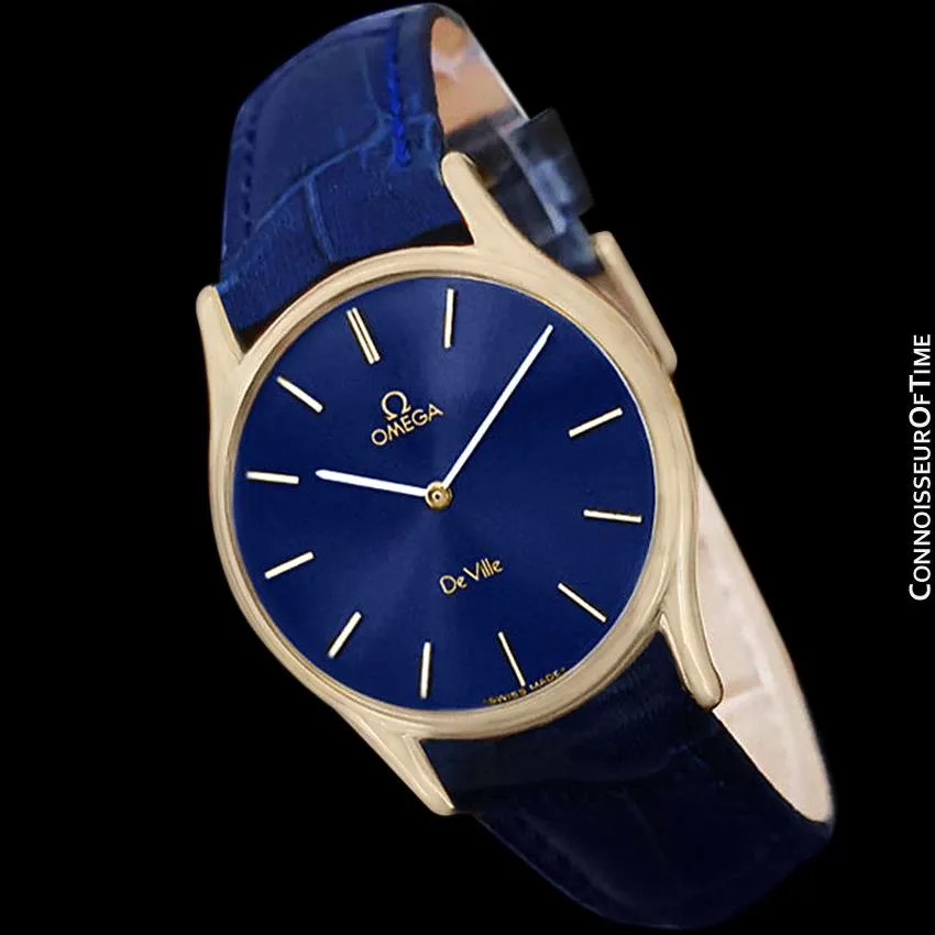 Omega De Ville Vintage Mens Midsize Thin Quartz Dress Watch with Blue Dial - 18K Gold Plated