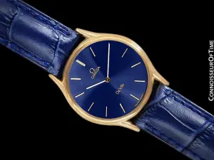 Omega De Ville Vintage Mens Midsize Thin Quartz Dress Watch with Blue Dial - 18K Gold Plated