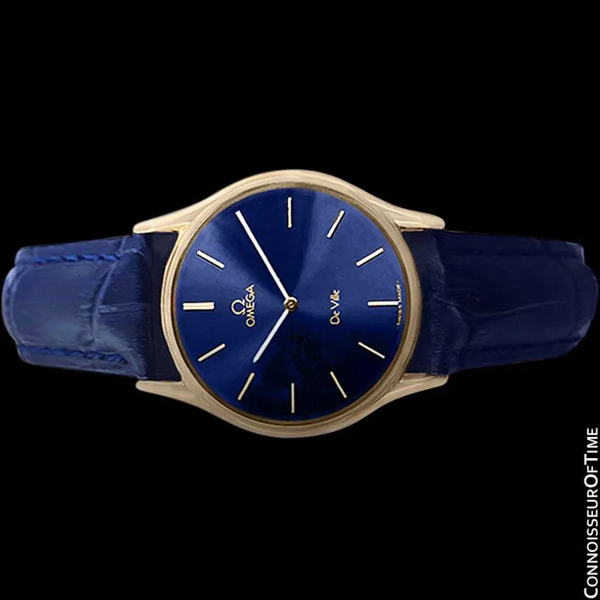 Omega De Ville Vintage Mens Midsize Thin Quartz Dress Watch with Blue Dial - 18K Gold Plated