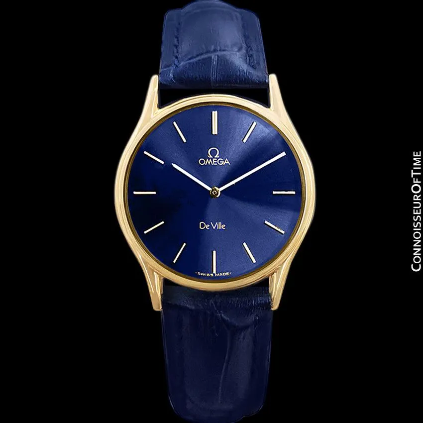 Omega De Ville Vintage Mens Midsize Thin Quartz Dress Watch with Blue Dial - 18K Gold Plated