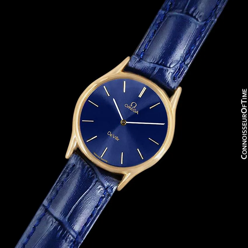 Omega De Ville Vintage Mens Midsize Thin Quartz Dress Watch with Blue Dial - 18K Gold Plated