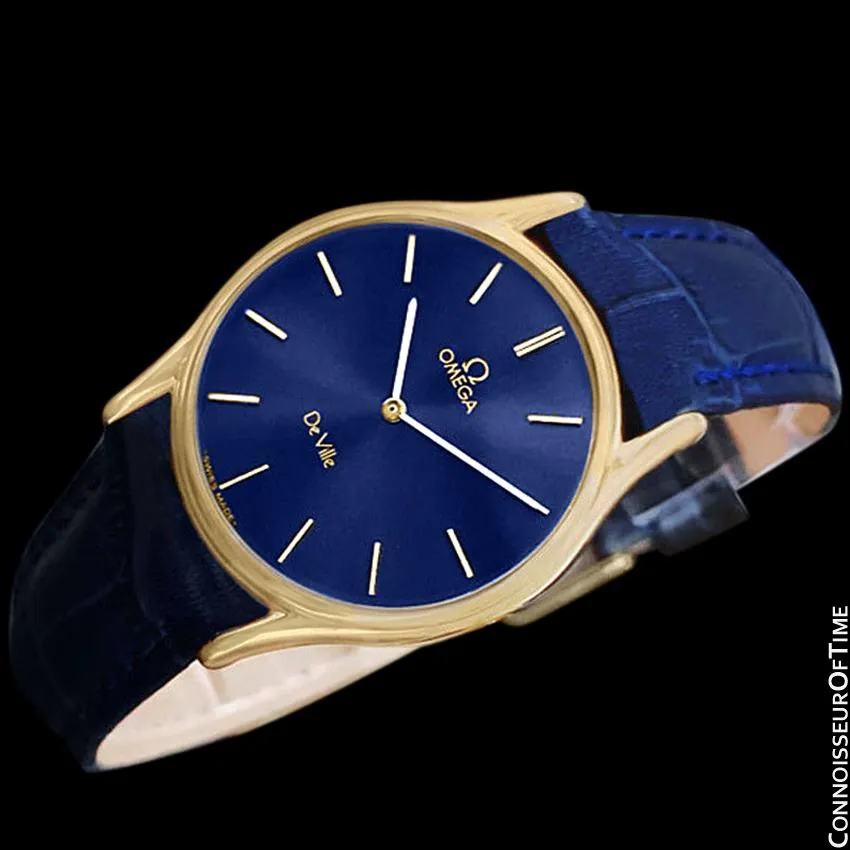 Omega De Ville Vintage Mens Midsize Thin Quartz Dress Watch with Blue Dial - 18K Gold Plated